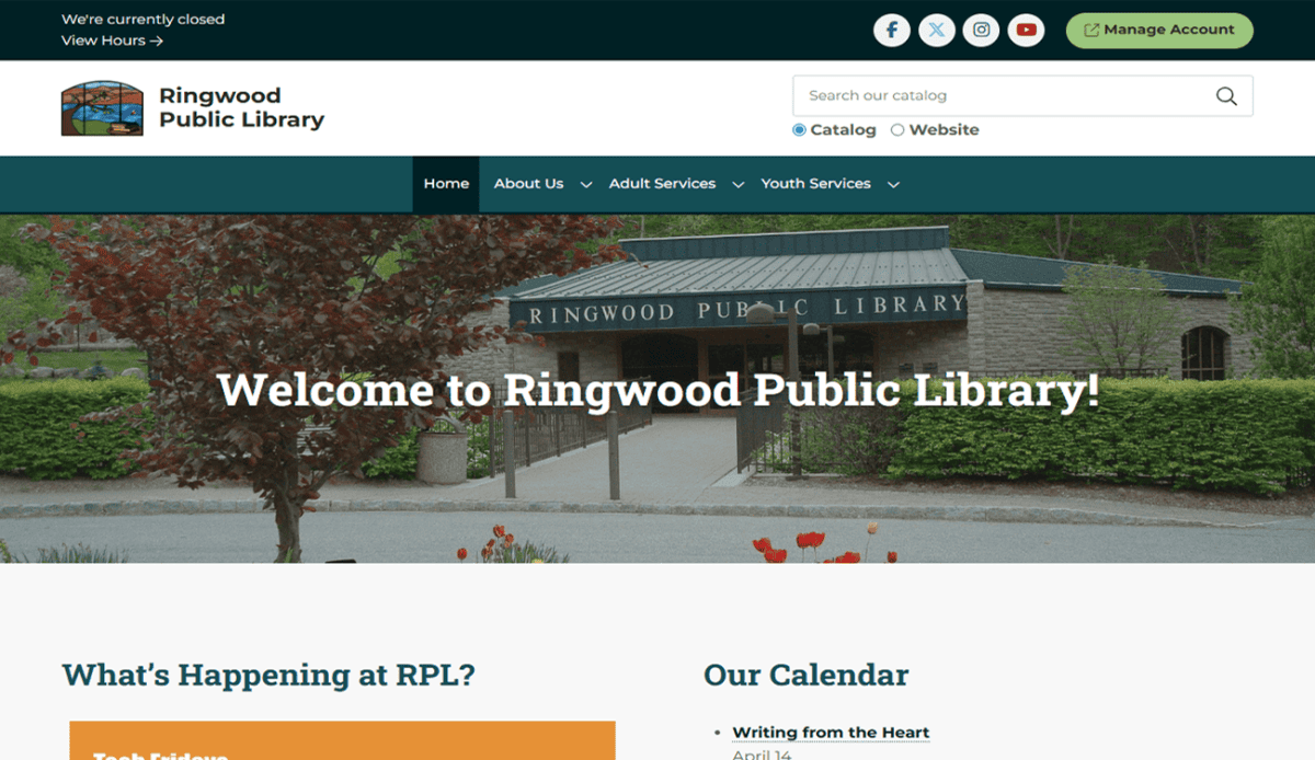 Screenshot of the Ringwood Public Library website homepage, highlighting upcoming events, a Facebook feed, recommendations on what to read next, digital resources, and Ringwood Public Library contact information featured in the footer.