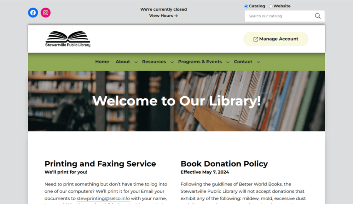 Screenshot of the Stewartville Public Library website showing sections on printing, book donation, meeting notices, tax information, library card application, and hours. The navigation menu and contact details for this public library are visible at the top and bottom.