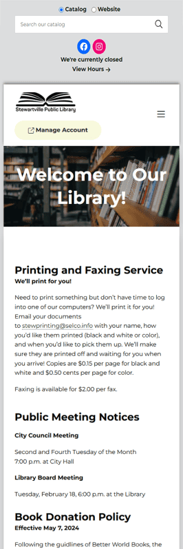 A newsletter from Wells Branch Community Library, similar to updates you might receive from Stewartville Public Library, details services like printing, faxing, notary, book donations, tax info, and upcoming events, with contact info, social media links, and a map at the bottom.