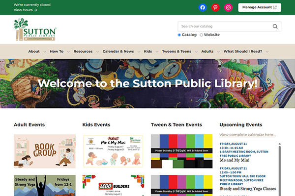 Sutton Public Library homepage featuring easy-to-use navigation links, dedicated event categories for adults, kids, tweens, and teens, along with a comprehensive list of upcoming Sutton Public Library events displayed on the right side.