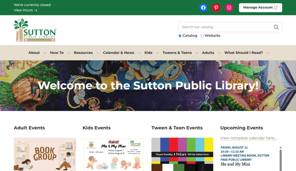 Screenshot of Sutton Public Library’s homepage showcasing event categories for adults, kids, and teens, a list of upcoming events at Sutton Public Library, convenient links to resources, newest book arrivals, and contact information in the footer.