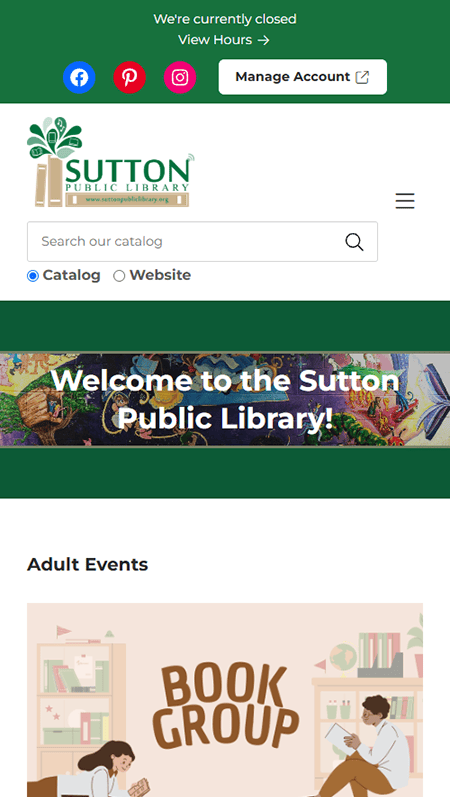 Website page with spring break hours and services for Washington State University Library and Sutton Public Library. Includes building hours, online chat, library pickup, and delivery options with colorful banners and icons.