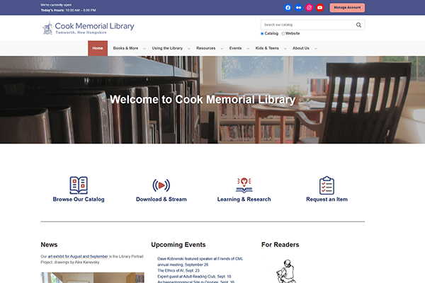 Screenshot of Cook Memorial Library’s homepage in Tamworth, featuring navigation menus, a welcome message, and icons for browsing the catalog, downloading, learning, and requesting items. News, events, and reader sections appear below.