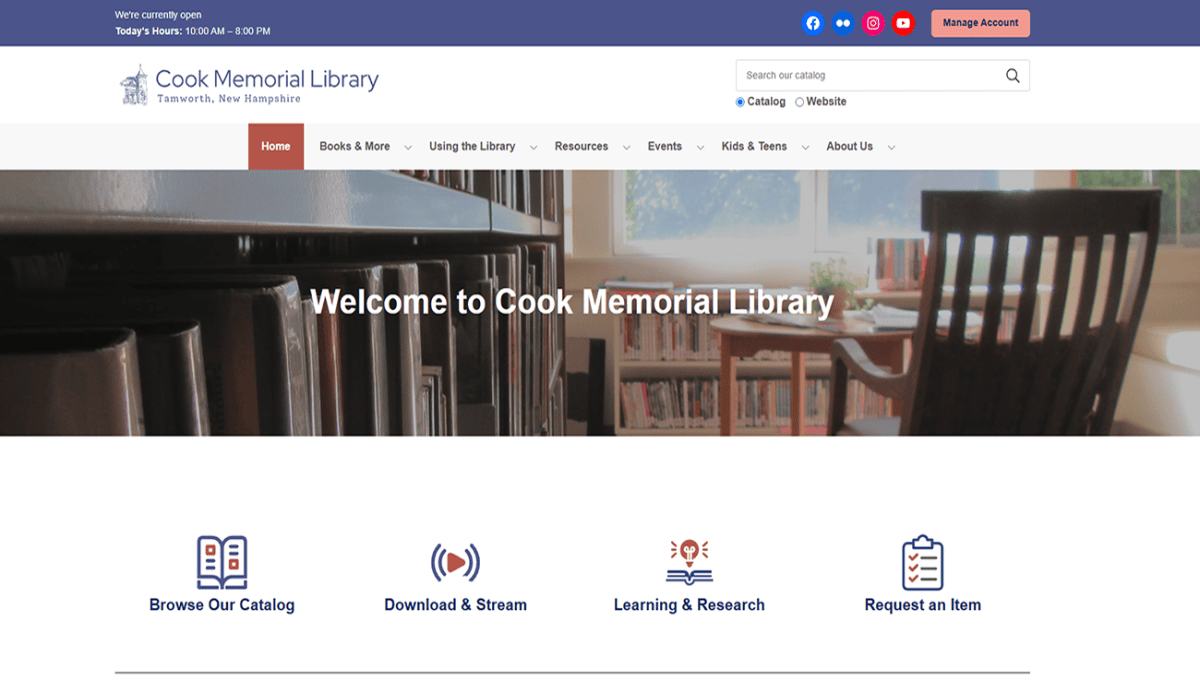 Screenshot of Cook Memorial Library’s homepage in Tamworth with a welcome message, navigation menu, icons for catalog, stream, research, and item requests, news updates, upcoming events in Tamworth, reading list selections, and contact information at the bottom.