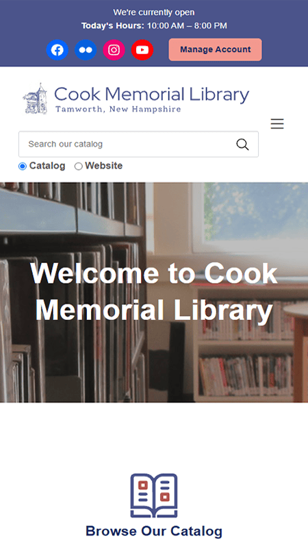 Screenshot of Cook Memorial Library’s website showing navigation, a welcome message, news updates, and upcoming events with cartoon book stacks, plus contact information—all displayed in a blue and white layout reflecting the heart of Tamworth.