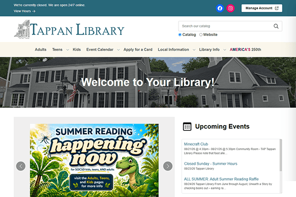 Screenshot of the Tappan Free Library homepage featuring a welcome message, summer reading promotion, site navigation menu, and a list of upcoming events on the right side.