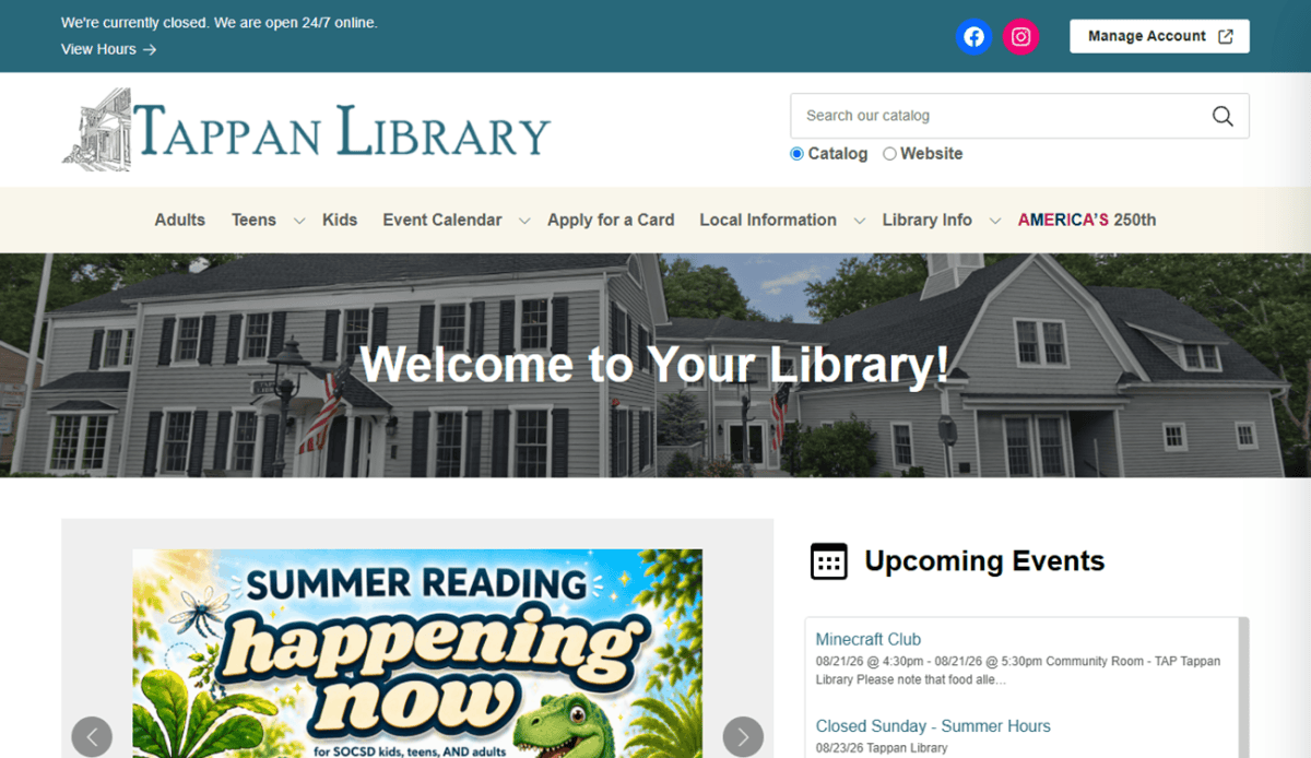Tappan Free Library homepage with navigation bar, event listing, summer reading banner, library resources, and contact info. Top right has search, account login, and hours. Bottom section lists partner services and hours.