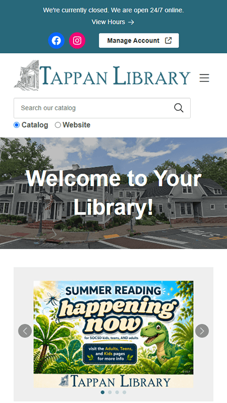Tappan Free Library website page featuring upcoming events, digital collections, museum pass info, and online resource links. The footer includes the Tappan library’s contact information, hours, and social media icons.