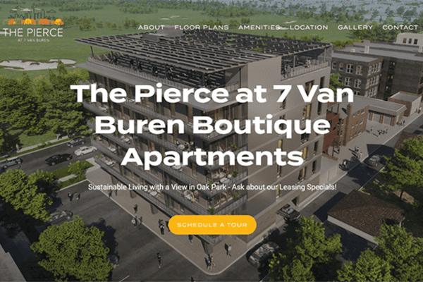 Aerial view of The Pierce apartments with rooftop solar panels, surrounded by trees and nearby buildings. Text promotes boutique apartments at 7 Van Buren and offers a tour scheduling button.