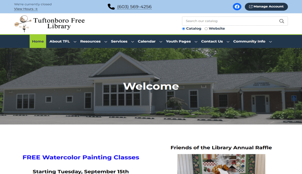 Screenshot of the Tunkhannock Public Library homepage, showcasing event announcements, book covers, library resources, digital apps like OverDrive and Libby, and contact information in a blue and white layout—similar to the welcoming online presence you’d find at the Tuftonboro Free Library in Tuftonboro NH.