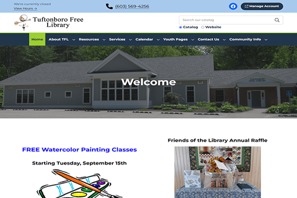 Tuftonboro Free Library homepage showcasing the library’s building exterior, a user-friendly navigation menu, a watercolor class announcement, and a Friends of the Library raffle section—all highlighting what makes Tuftonboro’s vibrant library community special.