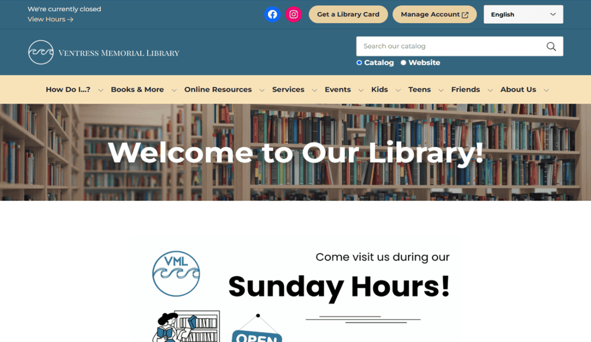 Screenshot of the Ventress Memorial Library website showing Sunday hours, service icons, digital resources, and contact info. The header has navigation links, a search bar, and social media icons. The main area highlights library hours and featured services.
