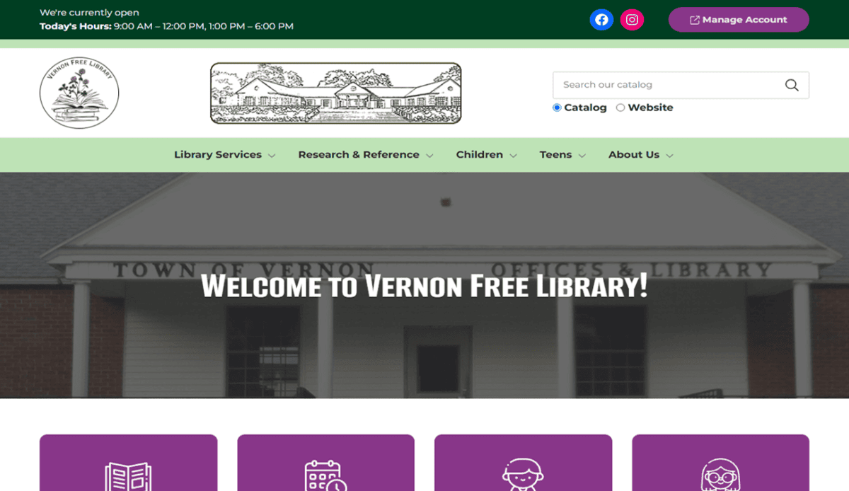 Screenshot of the Vernon Free Library homepage showing navigation menus, event information, digital resources, and contact details, with blocks for Library Catalog, Calendar, Teens, and Children, plus community announcements from the Vernon Free Library.