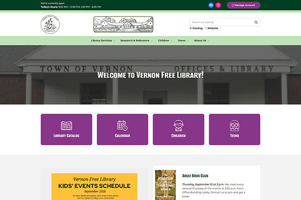 Screenshot of the Vernon Free Library homepage with a navigation menu, welcome message, and large buttons for Library Catalog, Calendar, Children, and Teens. Event information is visible below, highlighting the engaging resources available at this Vermont library.