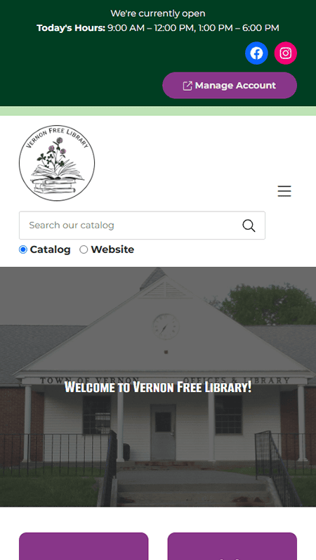 Screenshot of the Vernon Free Library website homepage with navigation menus, event highlights, four service buttons, carousel banners, book suggestions, newsletter signup, social media links, and library hours at the bottom.