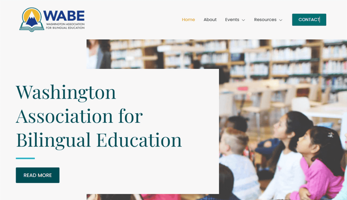 Screenshot of the Washington Association for Bilingual Education website, displaying sections for upcoming speakers, organization info, vision statement, and event details, with images of people and the WABE logo.