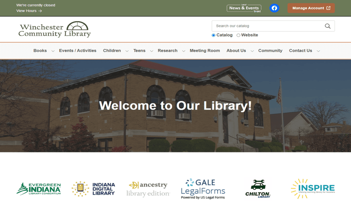 Screenshot of the Winchester Community Library website homepage, featuring library services, event announcements, links to resources, a carousel of book covers, contact info, and operating hours. The Winchester Community Library header and main navigation menu are clearly visible.