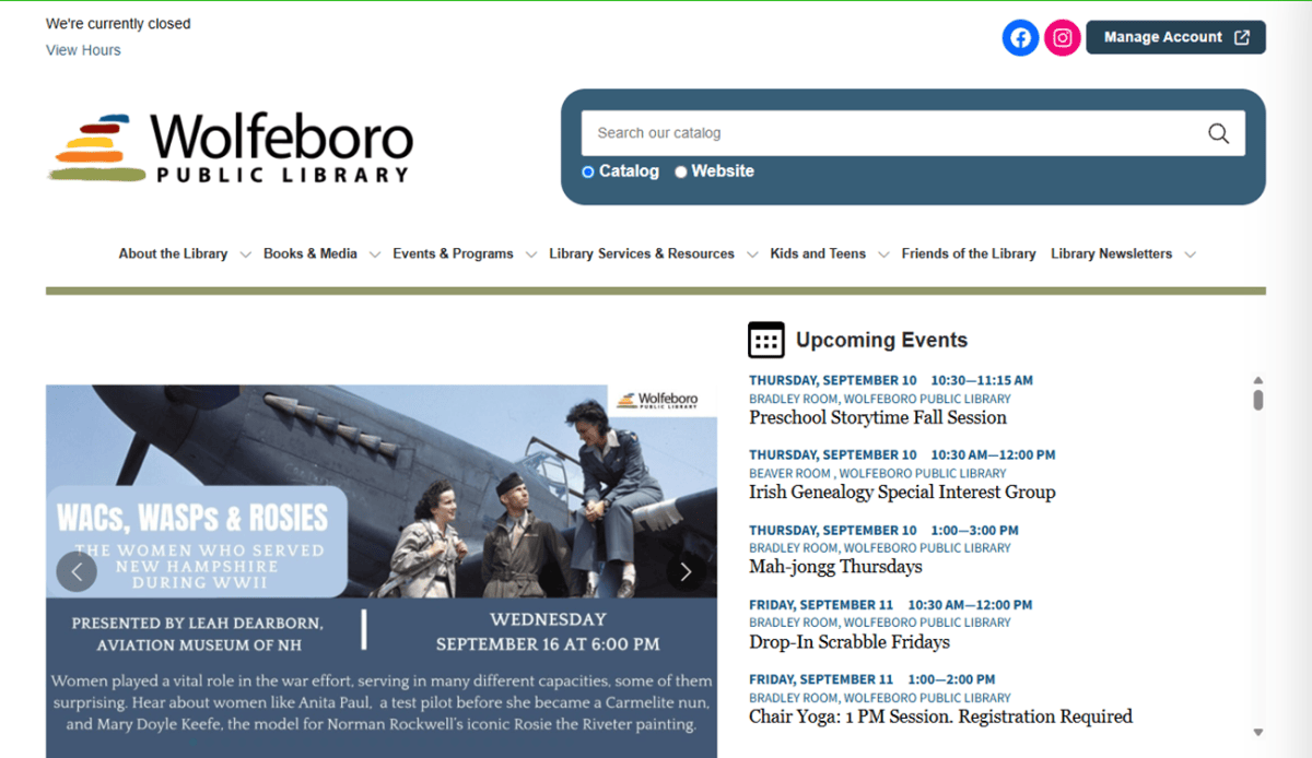 Screenshot of Wolfeboro Public Library’s homepage featuring event listings, news, navigation menus, photos, and book recommendations. The site showcases dedicated sections for digital resources, genealogy, museum passes, and upcoming library events—all highlighting the vibrant services offered by this welcoming public library in Wolfeboro.
