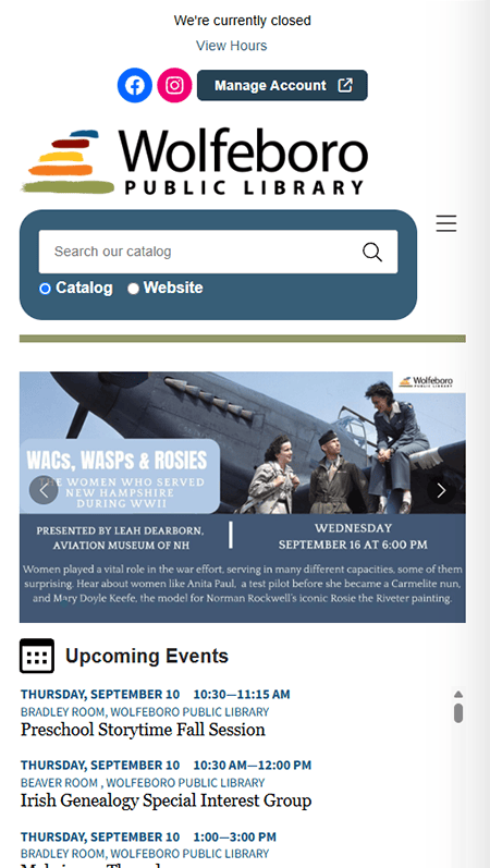 Website for Wellington City Libraries, featuring a header with a boat image reminiscent of Wolfeboro’s scenic charm, a library navigation menu, and a section highlighting Bob McIves art with nature paintings. The footer includes library hours, contact info, and social media links—inviting visitors to explore the vibrant world of libraries from Wellington to Wolfeboro.