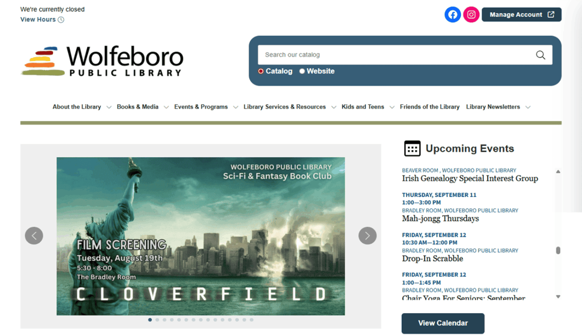 Screenshot of Wolfeboro Public Library’s homepage, showcasing navigation menus, upcoming events, a featured programs carousel, eBook covers, contact information, and hours of operation—a welcoming digital hub for the Wolfeboro public library community.