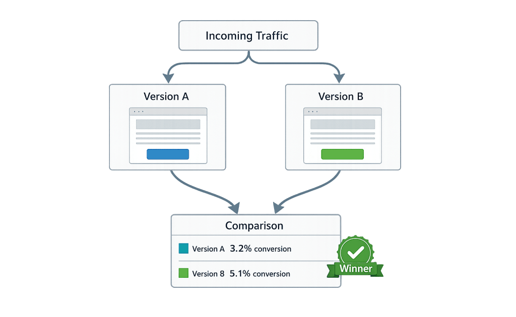 Flowchart illustrating A/B testing: Incoming traffic is split between Version A (3.2% conversion) and Version B (5.1% conversion). Version B is marked as the winner with a green checkmark badge.