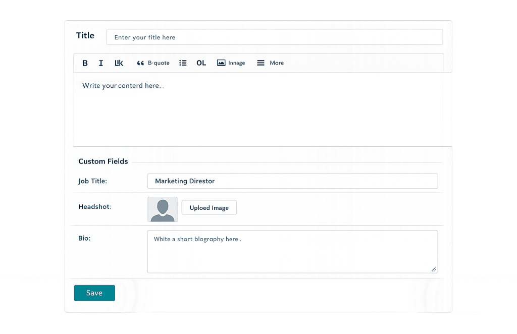 A WordPress form interface using Advanced Custom Fields (ACF) for creating a profile, with fields for title, content, job title (Marketing Director), headshot upload, short biography, formatting options, and a blue Save button at the bottom.