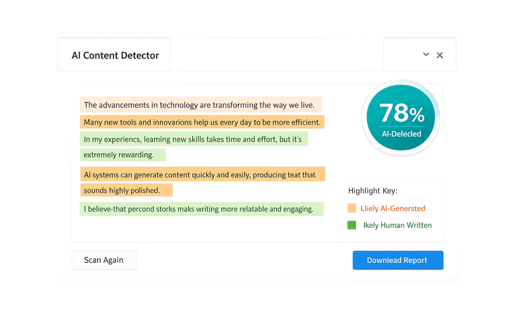 A screenshot of an AI content detection tool showing highlighted text, a 78% AI-Detected score in a teal circle, a color-coded highlight key, and buttons for “Scan Again” and “Download Report.”.