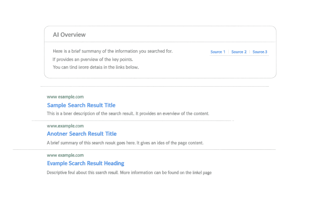 A webpage features an AI Overview summary with sources at the top, powered by Google AIO, followed by three sample search result titles, each with concise descriptions and example URLs.