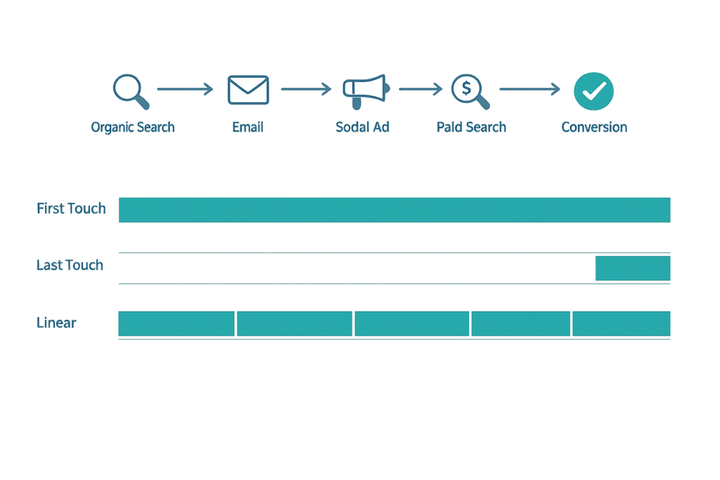 A diagram illustrates a customer journey from organic search, email, social ad, and paid search to conversion, highlighting three attribution models for effective conversion tracking: first touch, last touch, and linear within marketing analytics.