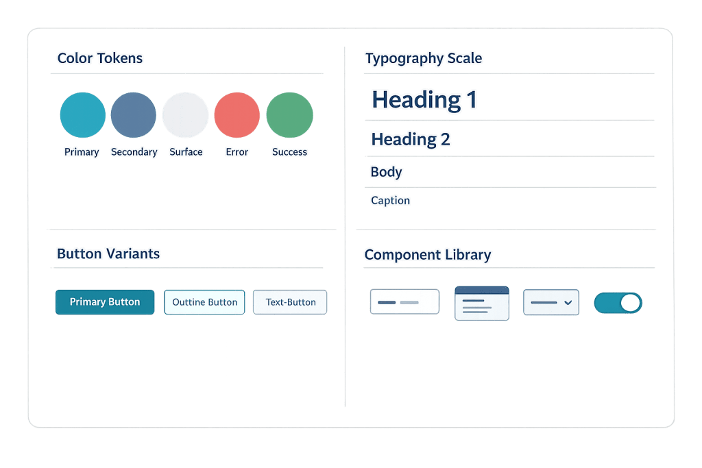 A design system interface displaying color tokens, button variants, typography scale, and component library examples. The design system features blue, gray, red, and green palettes alongside styled typography and UI components.
