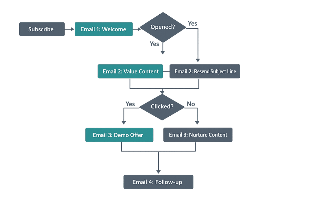 A flowchart for an email marketing drip campaign: subscribe triggers Email 1 (Welcome). If opened, send Email 2 (Value Content); if unopened, resend with new subject line. Clicked leads to Demo Offer, else nurture content—ending with automated emails.