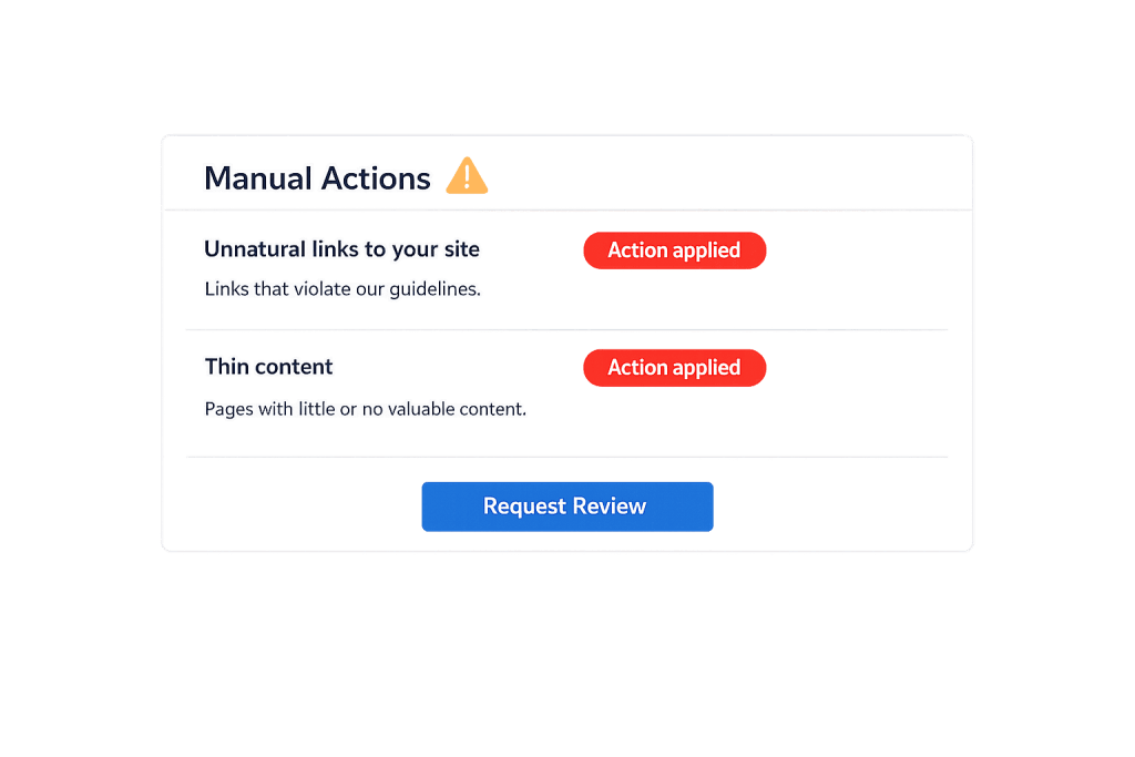 A webpage displays manual actions with warnings for Unnatural links to your site and Thin content, both flagged as Action applied due to a Google penalty. A blue Request Review button appears at the bottom.