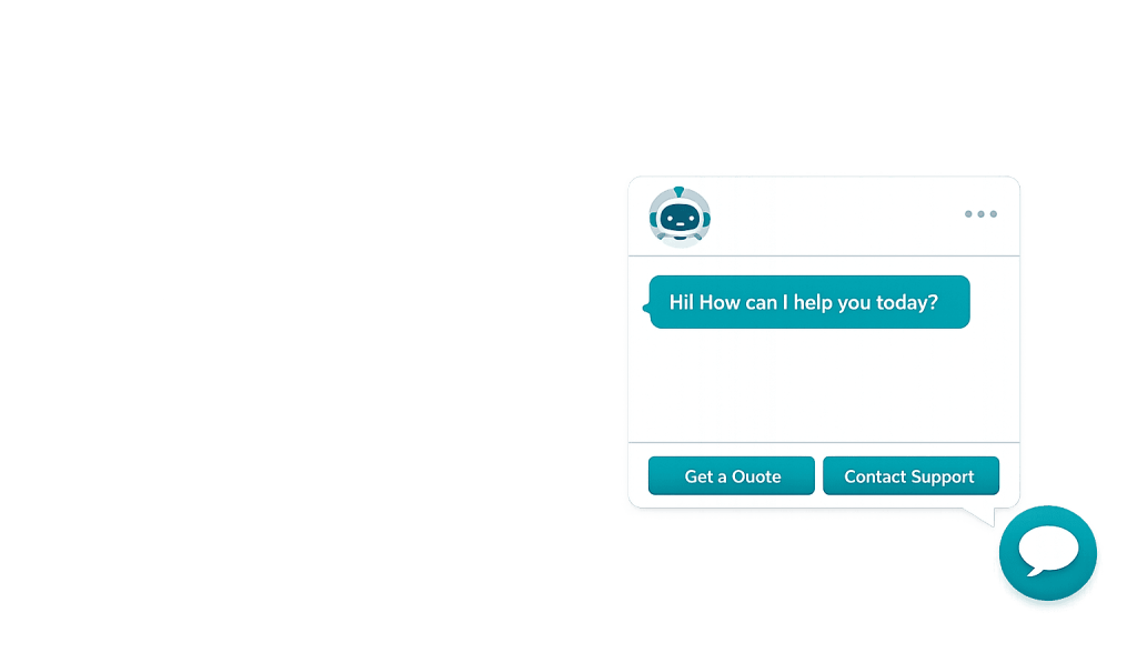 A chatbot window with a robot icon asks, “Hi! How can I help you today?” Below are two buttons labeled “Get a Quote” and “Contact Support.” The chat bubble appears on a plain white background.