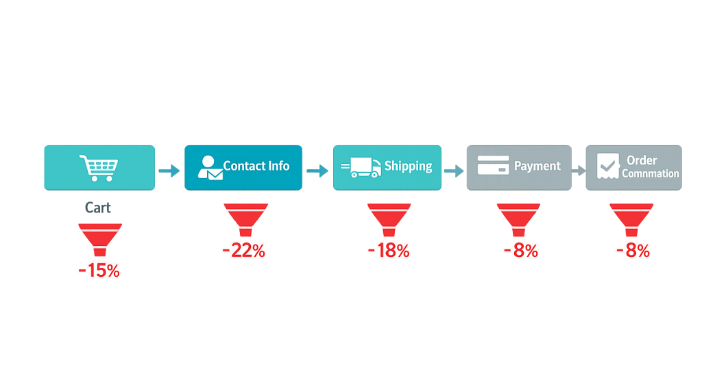 A flowchart of the online shopping checkout flow: Cart, Contact Info, Shipping, Payment, Order Confirmation. Red funnels beneath each step show user drop-off rates: -15%, -22%, -18%, -8%, and -8% respectively.