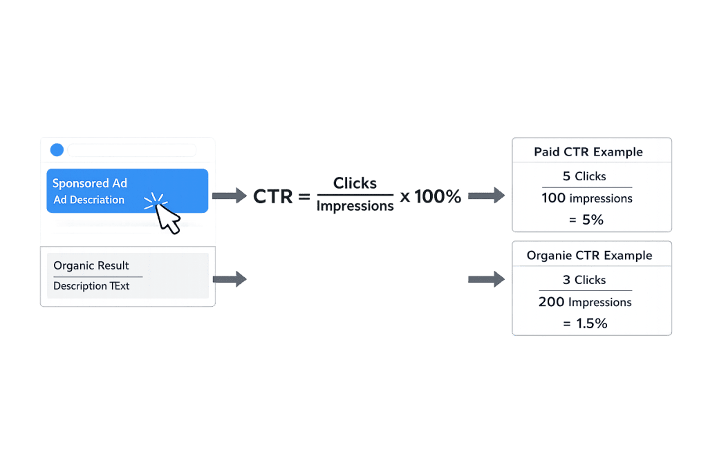 Diagram explaining Click-Through Rate (CTR) calculation with examples; shows CTR formula, a sponsored ad, organic result, and two sample CTR calculations for paid (5%) and organic (1.5%) search results relevant to SEO.