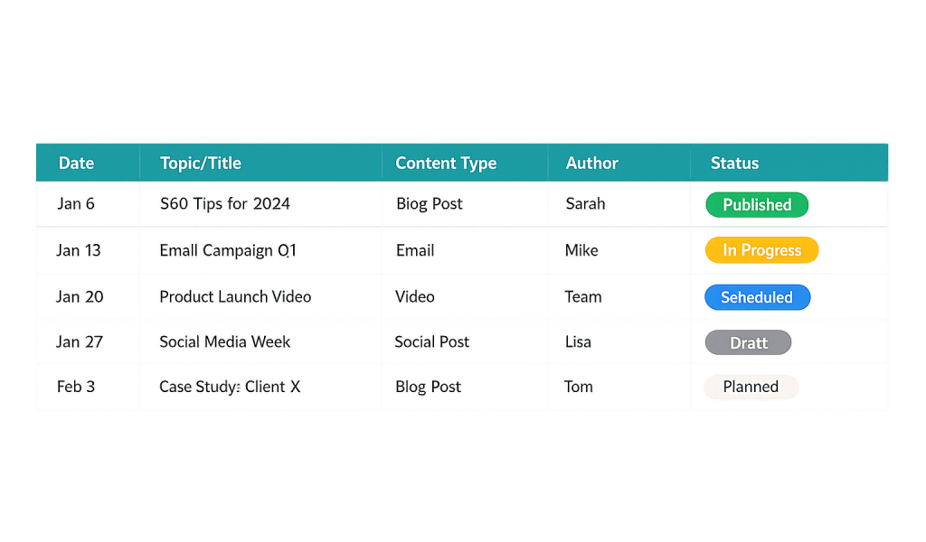 A content calendar table showing dates, topics, content types, authors, and status for six items. Statuses are color-coded as Published, In Progress, Scheduled, Draft, and Planned for easy tracking.