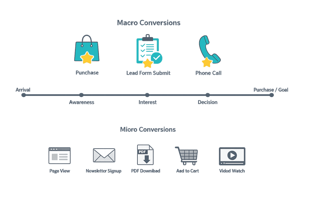 A flowchart showing a marketing funnel with macro conversions (purchase, lead form submit, phone call) above a timeline, and micro conversions (page view, newsletter signup, PDF download, add to cart, video watch) below.