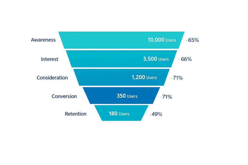 A conversion funnel chart showing user drop-off at each stage: Awareness (10,000 users, -65%), Interest (3,500, -66%), Consideration (1,200, -71%), Conversion (350, -71%), and Retention (180, -49%).