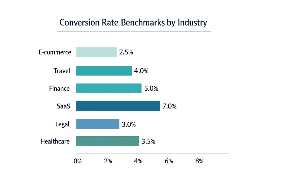Bar chart illustrating conversion rate benchmarks by industry: E-commerce 2.5%, Travel 4.0%, Finance 5.0%, SaaS 7.0%—the highest conversion rate—Legal 3.0%, and Healthcare 3.5%.