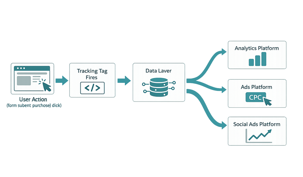 A flowchart showing user action triggers a conversion tracking tag, which sends data to a data layer. The data is then sent to analytics, ads, and social ads platforms. Simple icons represent each step and platform.