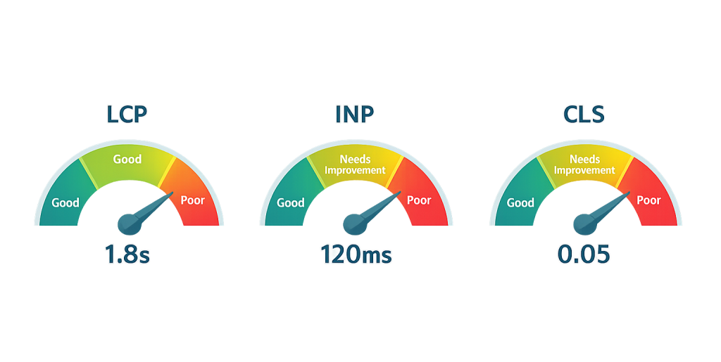 Three speedometer-style gauges display Core Web Vitals: LCP at 1.8s (green/good), INP at 120ms (green/good), and CLS at 0.05 (green/good). Each gauge also shows yellow and red zones for lower scores.