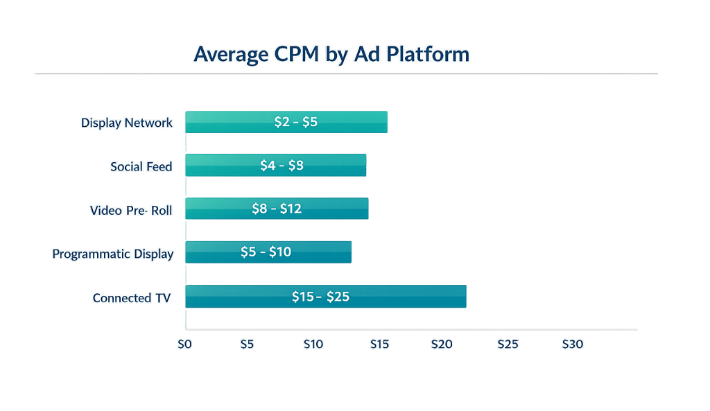 Bar chart showing average advertising cost per mille (CPM) by ad platform: Display Network ($2–$5), Social Feed ($4–$9), Video Pre-Roll ($8–$12), Programmatic Display ($5–$10), Connected TV ($15–$25).