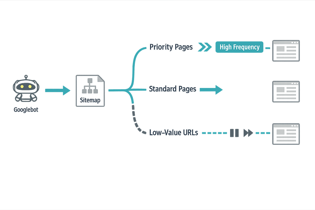 Flowchart showing Googlebot crawling a sitemap, with crawl budget directing high-frequency crawling for priority pages, normal crawling for standard pages, and paused symbols indicating less frequent crawling of low-value URLs.