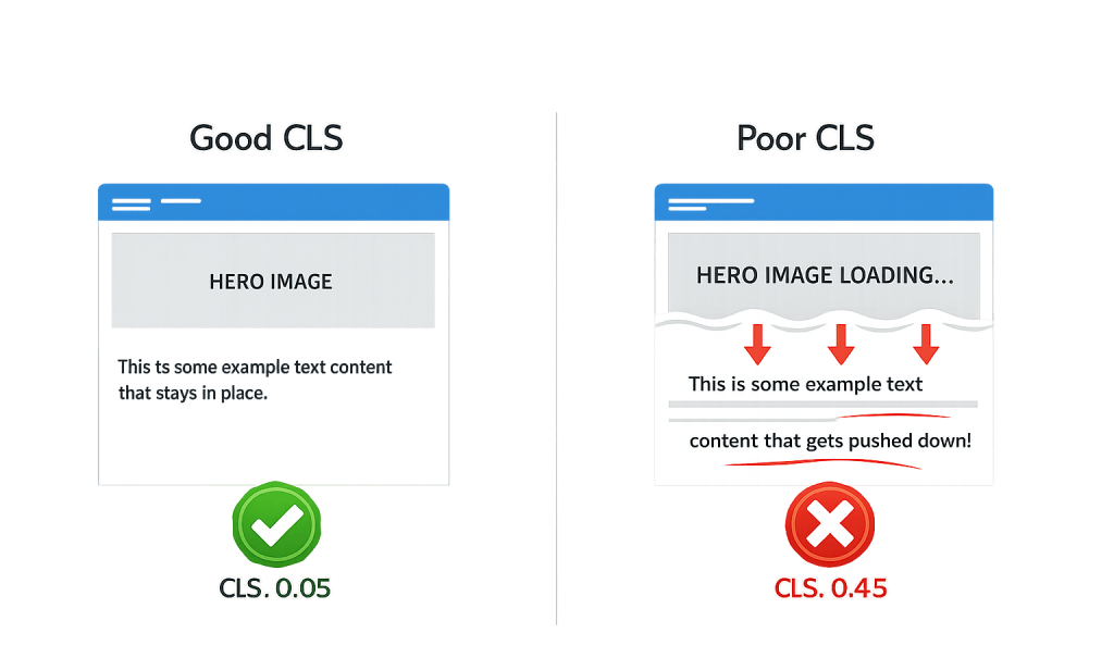 Split image illustrating web performance: left showcases stable content with low Cumulative Layout Shift (CLS 0.05) and a green check, while the right displays shifting elements with poor CLS (0.45) and a red X.