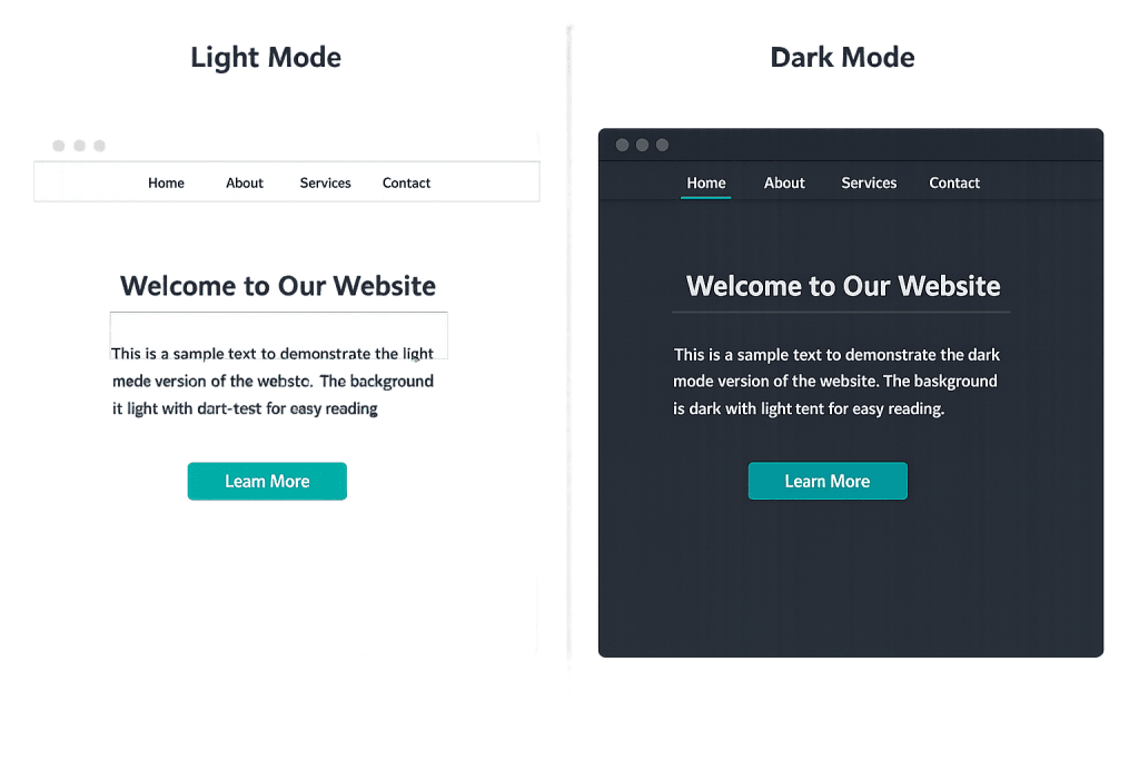 Side-by-side comparison of a website in light mode (left, light background, dark text) and dark mode (right, dark background, light text), both showing a navigation bar, welcome message, and Learn More button.