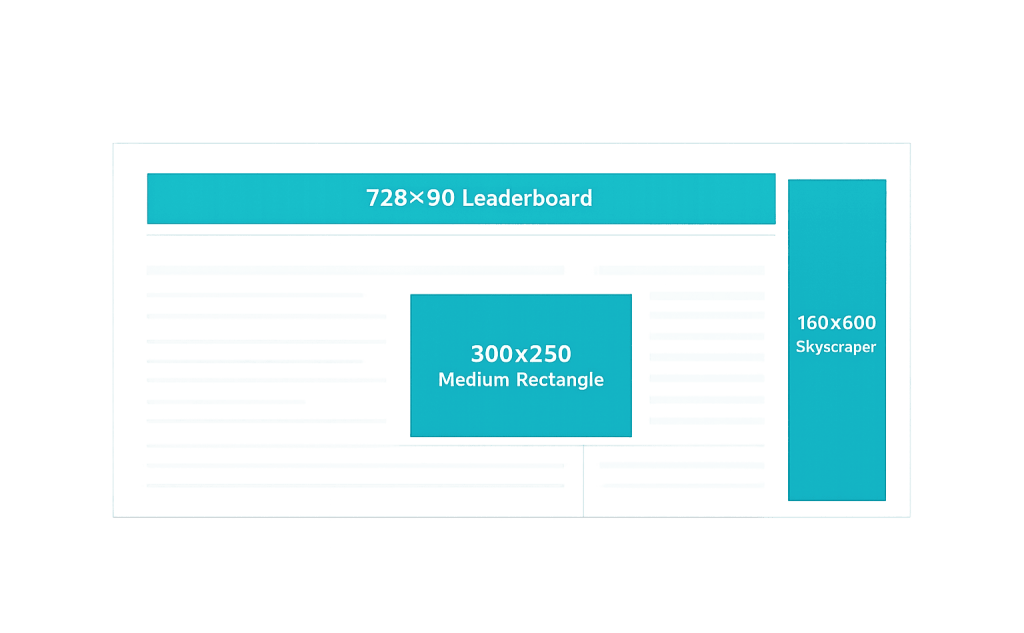 A website layout showcasing three display advertising spots: a 728x90 leaderboard banner at the top, a 300x250 medium rectangle in the center, and a 160x600 skyscraper ad on the right side.