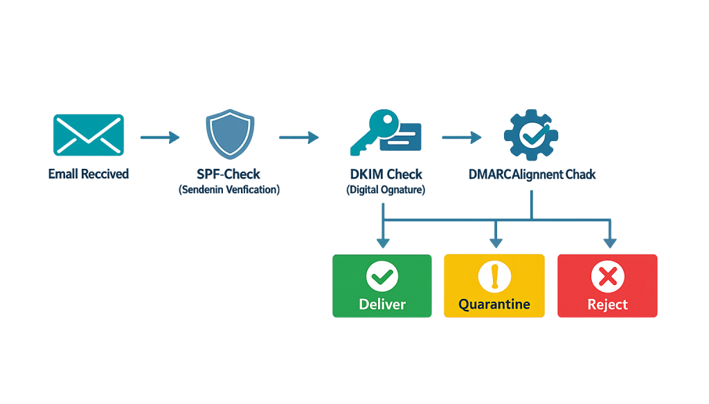 A flowchart showing email authentication: Email Received → SPF Check (Sender Verification) → DKIM Check (Digital Signature) → DMARC Alignment Check. This Domain-based Message Authentication leads to Deliver (green), Quarantine (yellow), or Reject (red).
