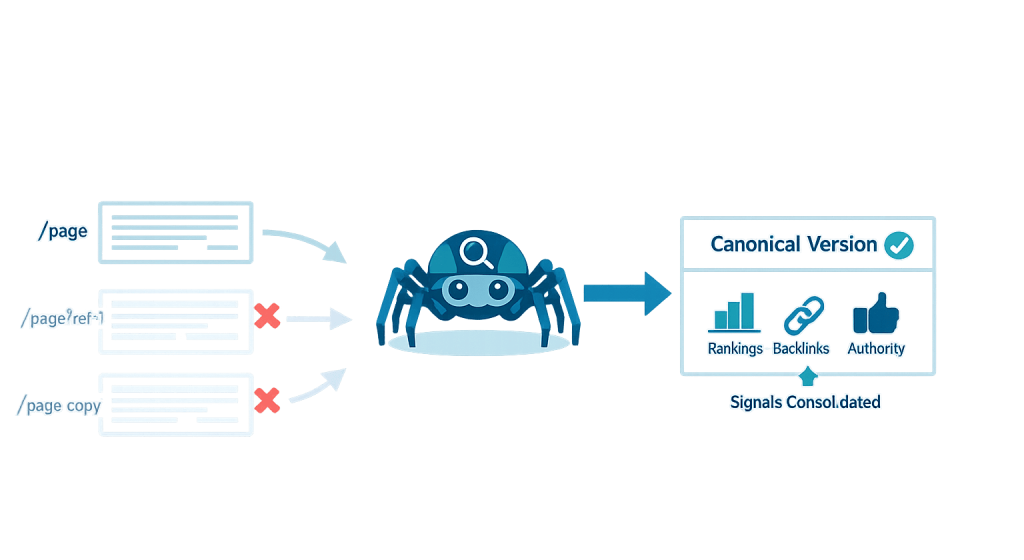 Diagram showing a search engine spider merging duplicate content from different webpage versions into a single canonical version, consolidating ranking, backlinks, and authority signals. Duplicate URLs are marked with red Xs.