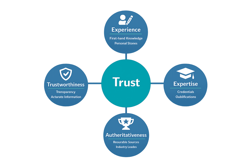 A diagram showing Trust in the center, connected to four circles: Experience (First-hand knowledge, Personal stories), Expertise (Credentials, Qualifications), Authoritativeness (Reputable sources, Industry leaders), and Trustworthiness (Transparency, Accurate information).