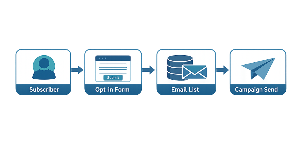 A flowchart shows four steps: Subscriber, Opt-in Form, Email List, and Campaign Send, each represented by icons and connected by arrows, illustrating an email marketing process.